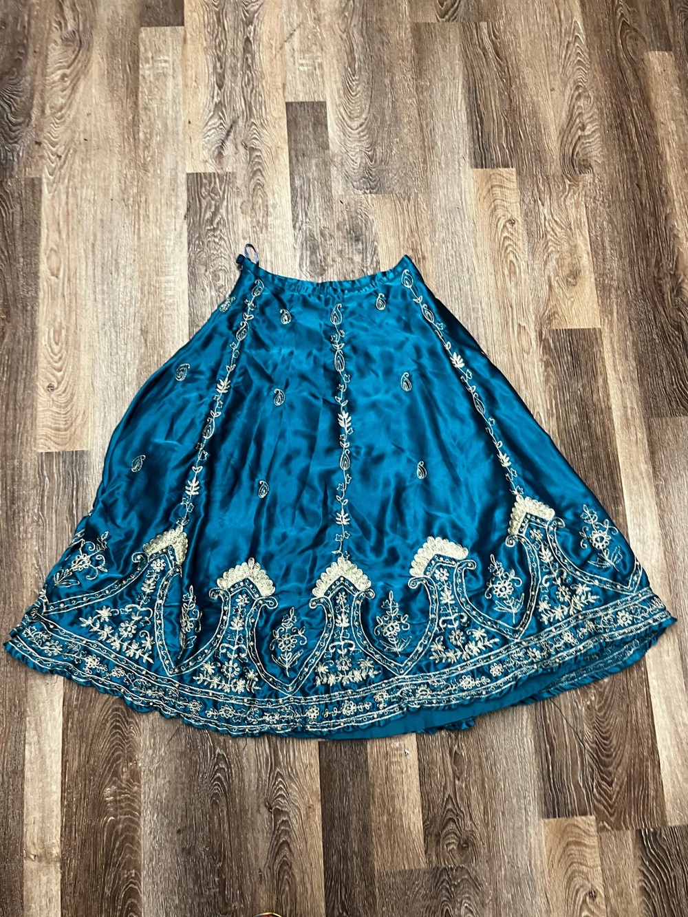 Soft Surroundings Teal Satin Circle Skirt with Gold Embroidery